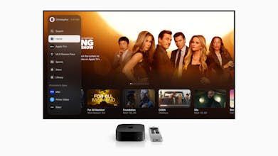 Apple TV app on a television screen showcasing a wide variety of streaming content