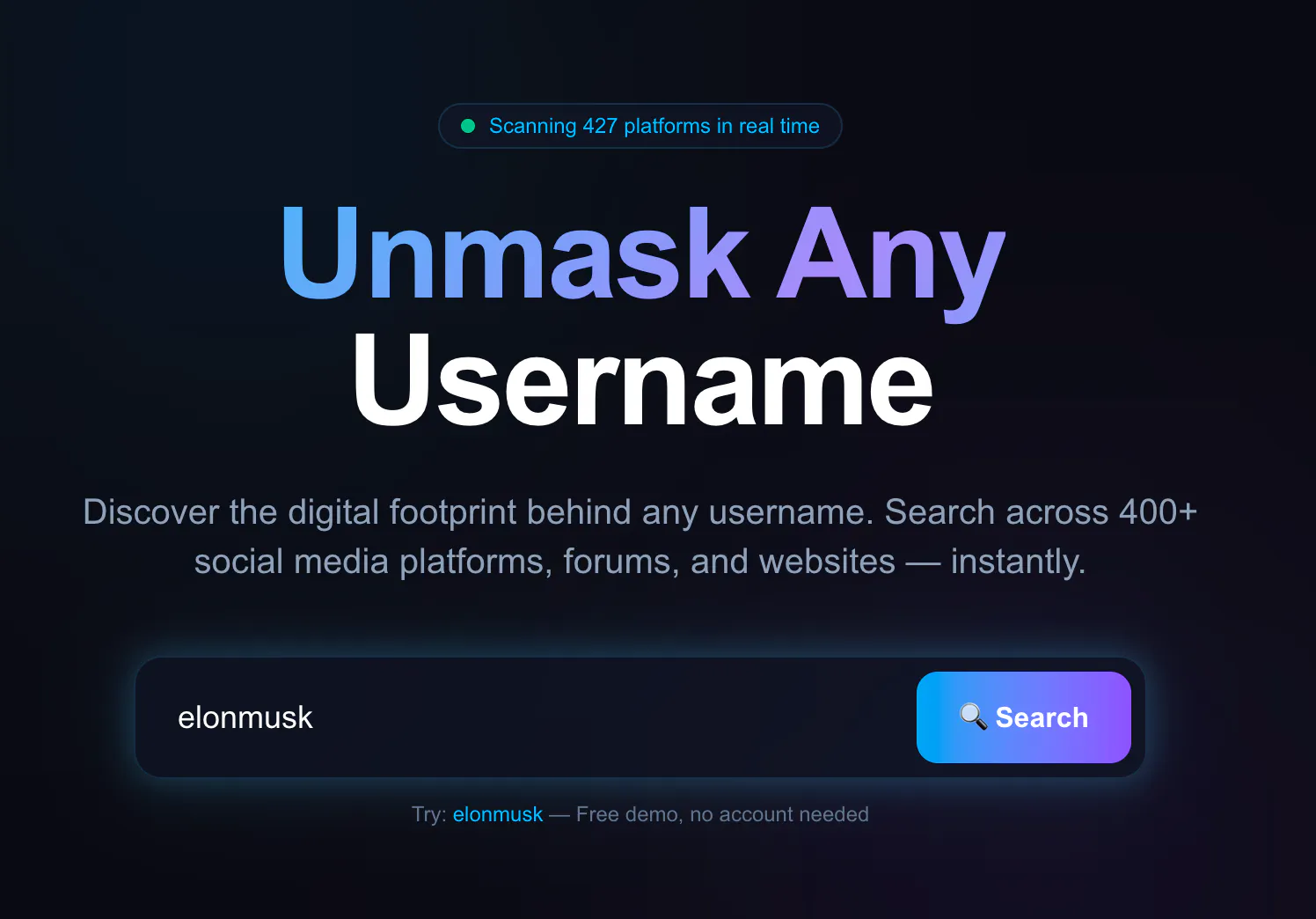 Unmask Any Username Across 400+Platforms product banner
