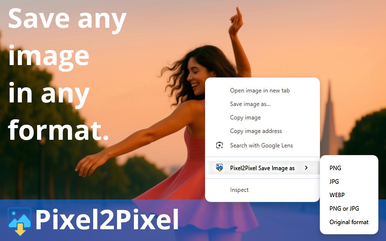 Pixel2pixel 이미지를 Chrome 플러그인으로 저장합니다 - Webp/JPG/PNG & Grab Background/Overaid 이미지를 변환합니다 미디어 1