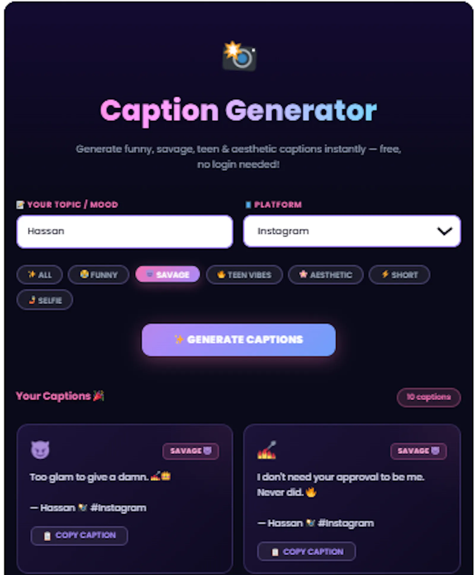Instagram Caption Generator  screenshot 1