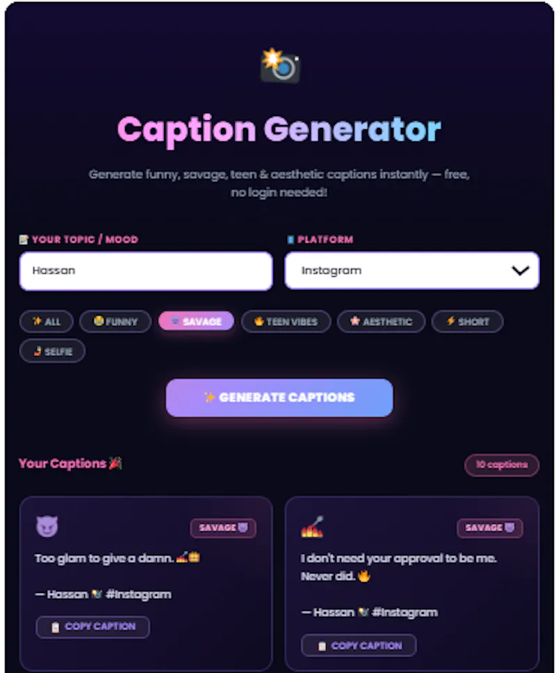 Instagram Caption Generator  screenshot 1