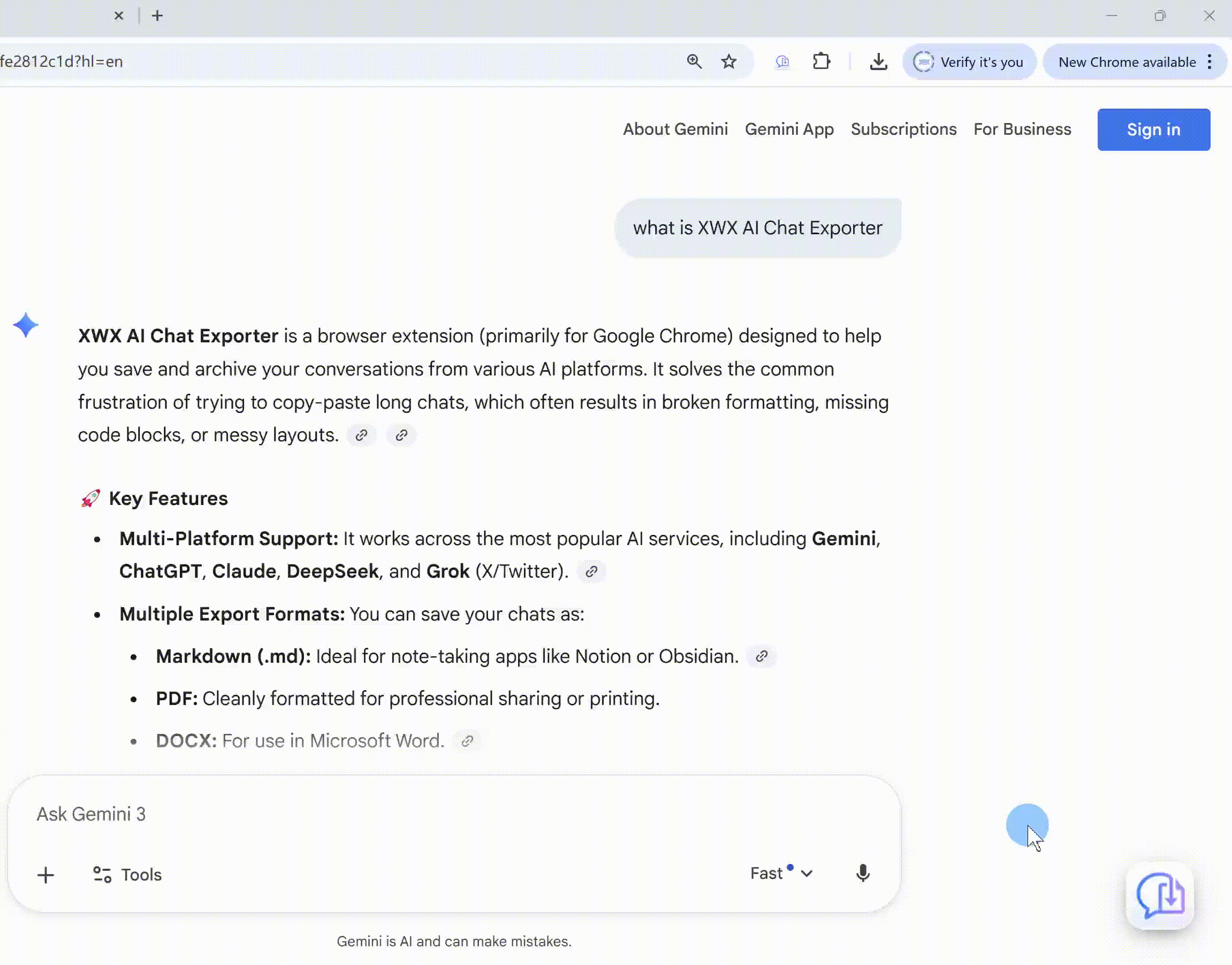 XWX AI Chat Exporter - Screenshot 2 showing product features and functionality