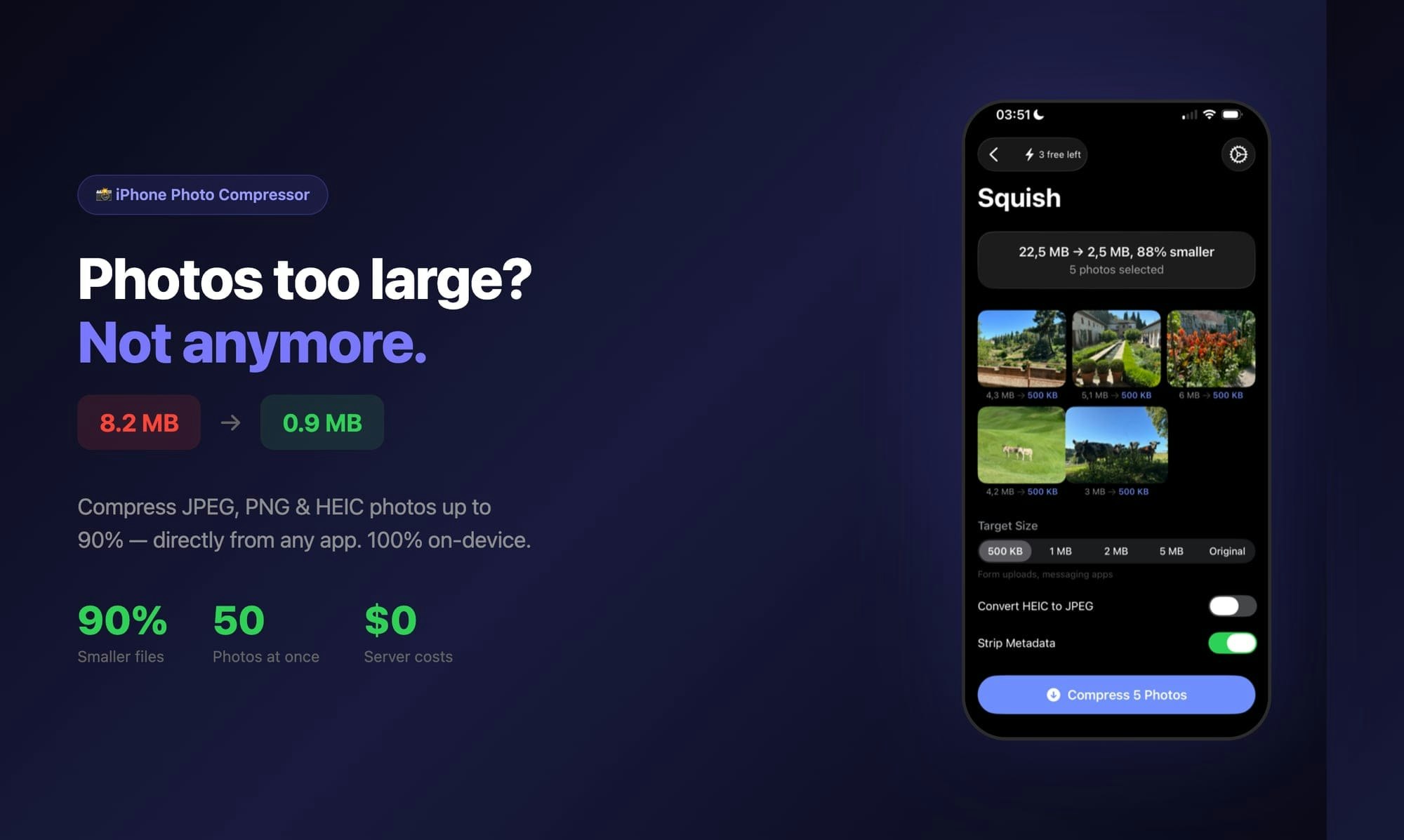 Squish — Photo Compressor - Main product screenshot demonstrating key features and user interface