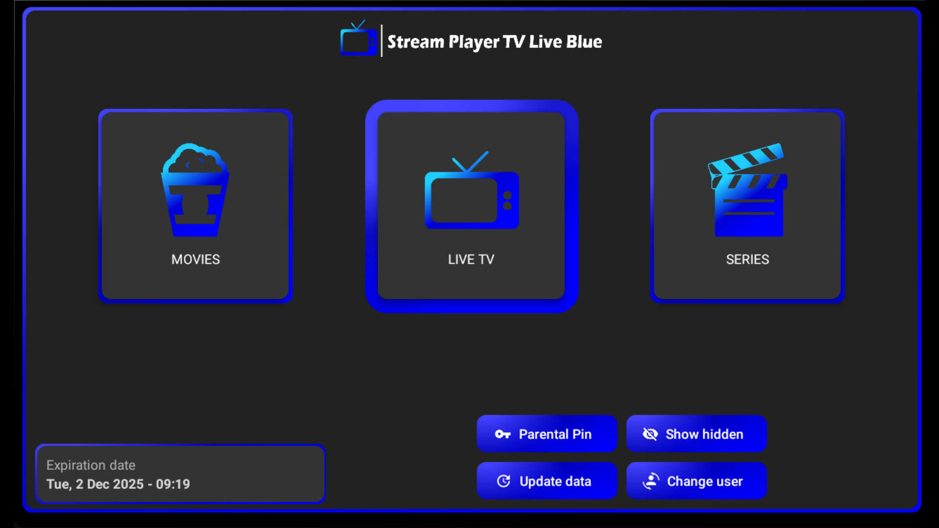 Mídia 2 de Jogador IPTV para Amazon Fire TV - Transmitir jogador de TV ao vivo azul