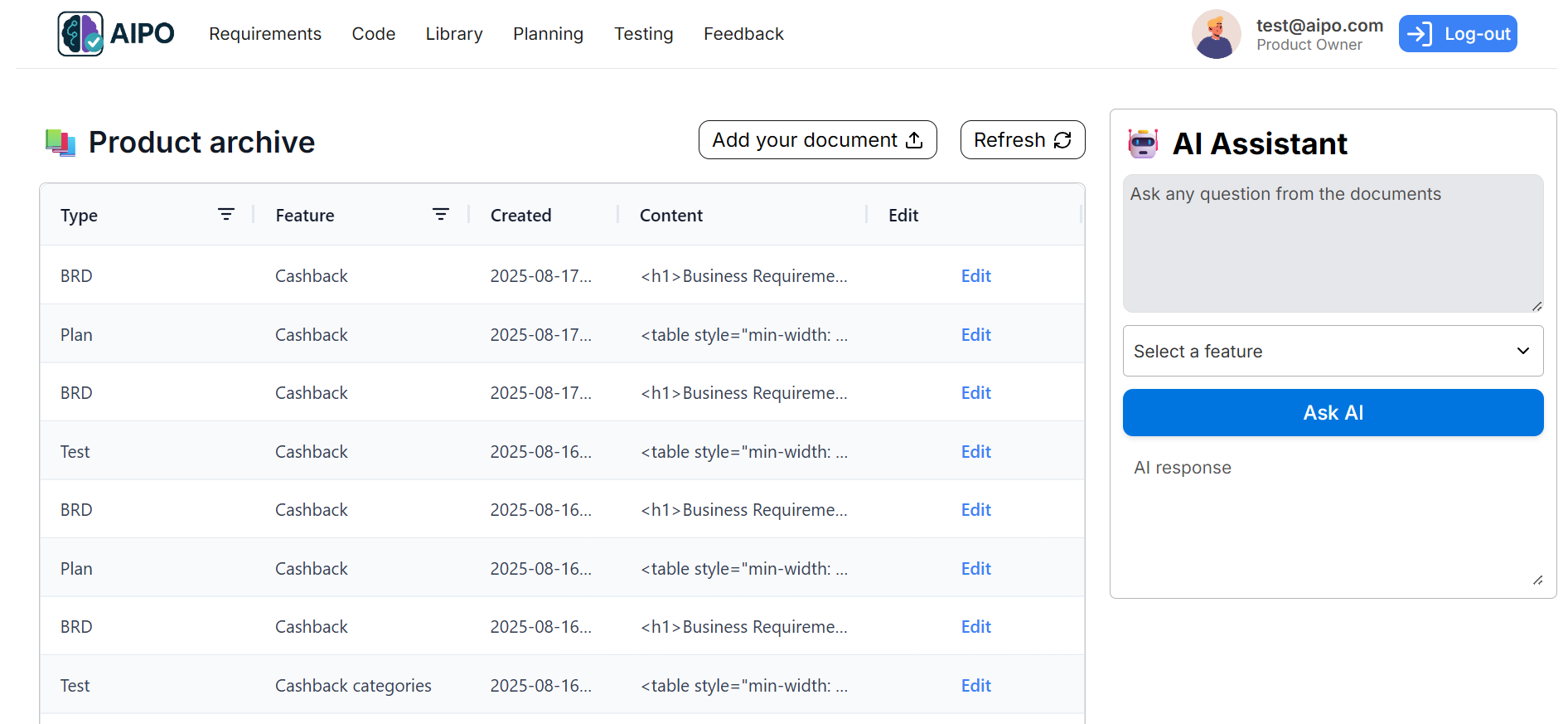 AIPO - Create BRD, describe code, write test cases, plan features media 5