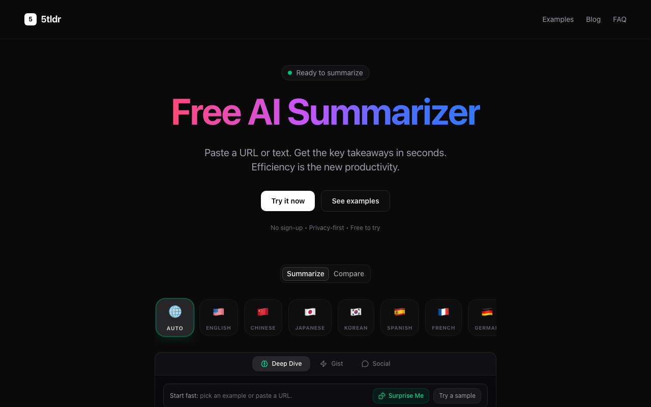 5tldr - Main product screenshot demonstrating key features and user interface