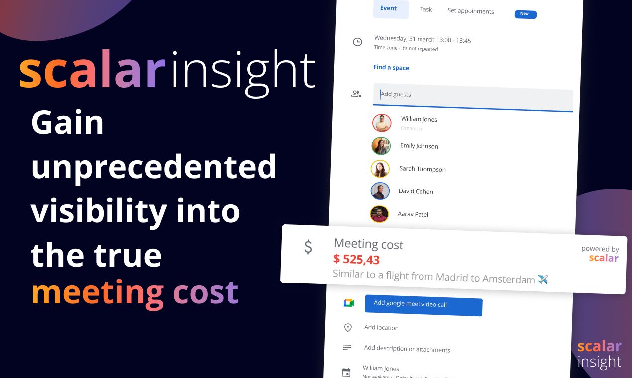 Média Scalar Insight - Coût de la réunion - Calendrier - Le temps c'est de l'argent!Voir le coût de vos réunions dans G. Calendar 1