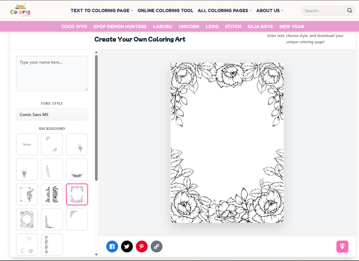 Colorig AI - Name Coloring Pages Maker - Main product screenshot demonstrating key features and user interface