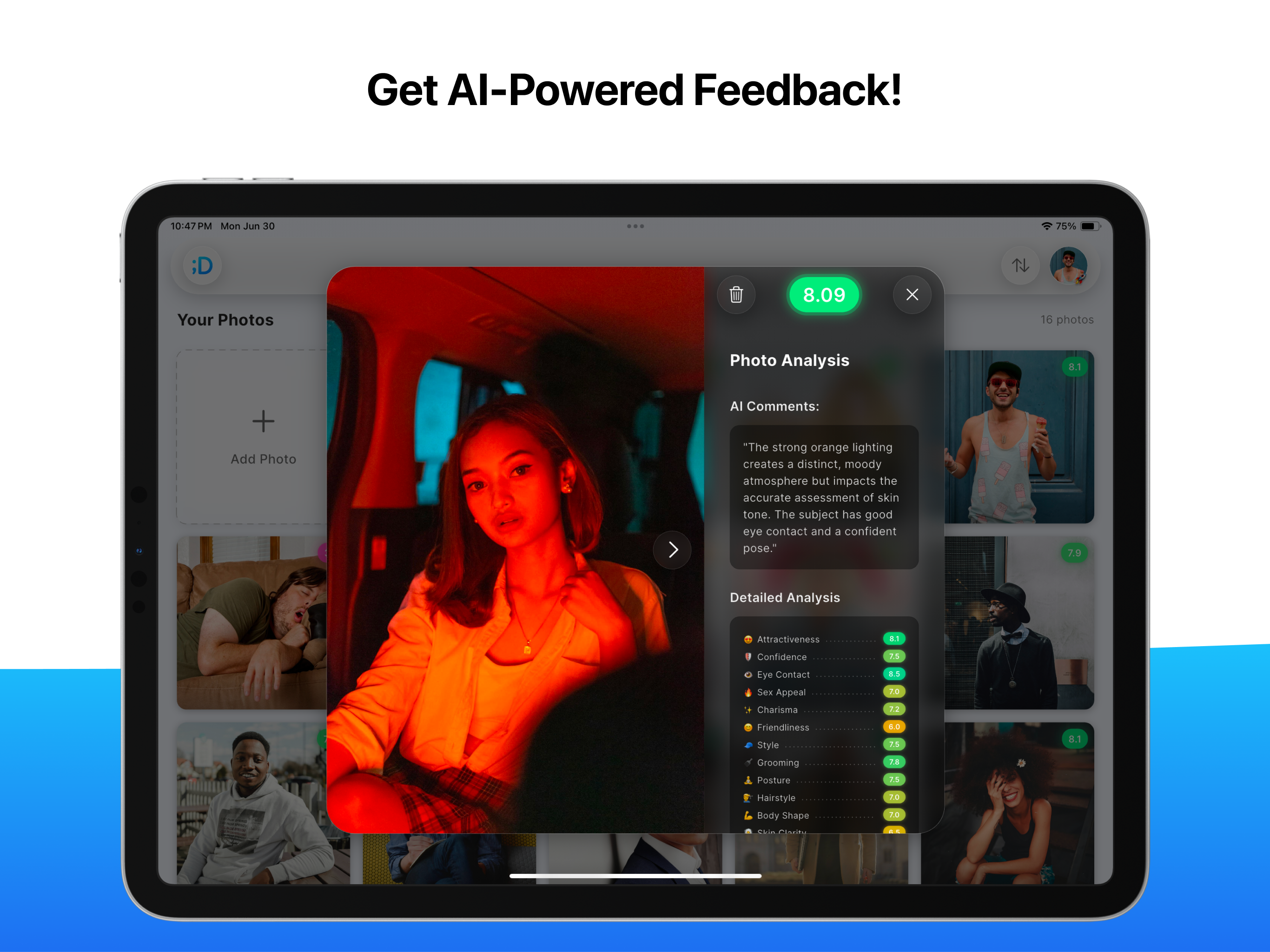 Dutiap Ai Tasa de fotos e Insights de estilo - Calificación fotográfica de IA en 15 factores y recomendaciones de belleza media 2