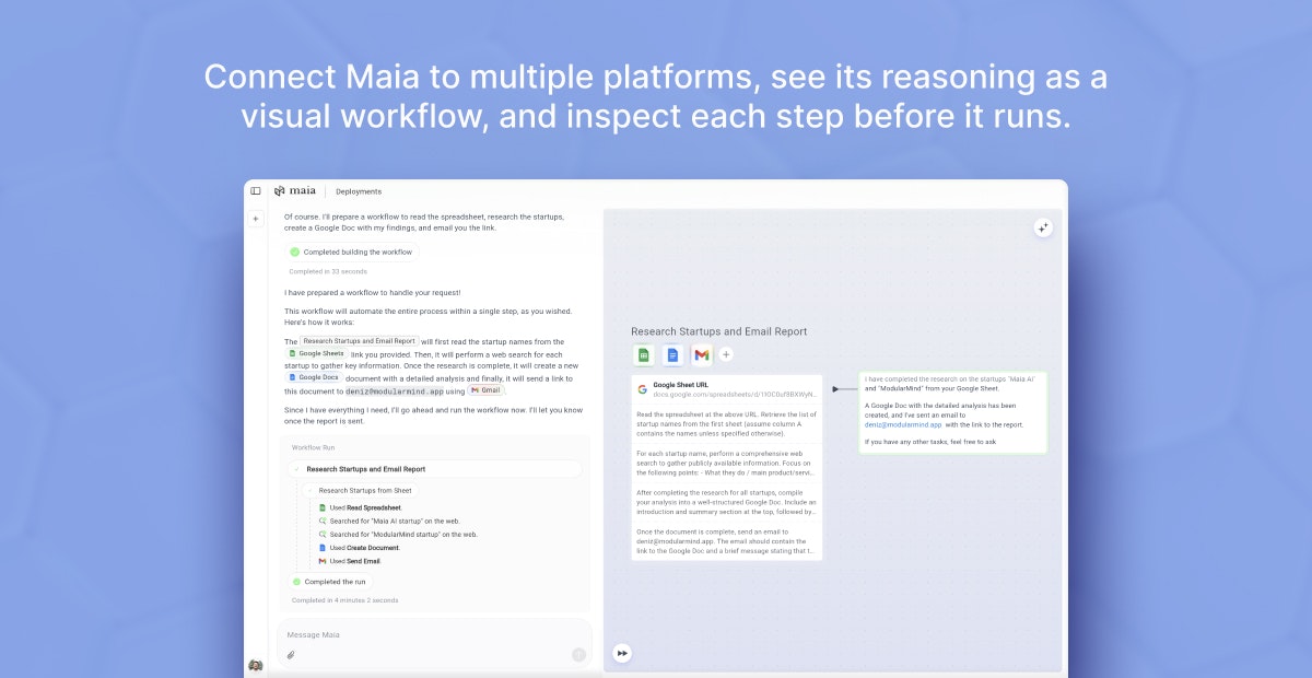 Média Maia. Est votre AI qui fait avancer les choses - Automatisez votre travail en décrivant ce dont vous avez besoin. 2