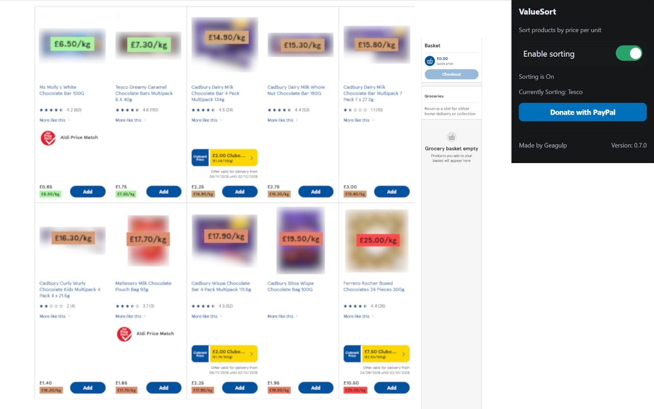 ValueSort - UK Supermarkets - Best Value - Screenshot 2 showing product features and functionality