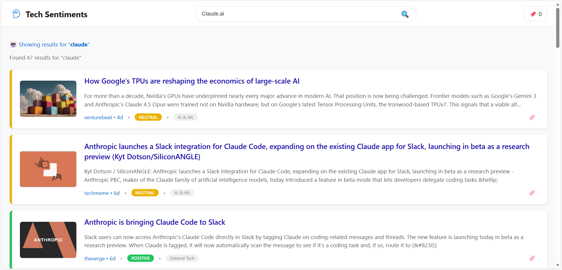 Tech Sentiments - Screenshot 2 showing product features and functionality
