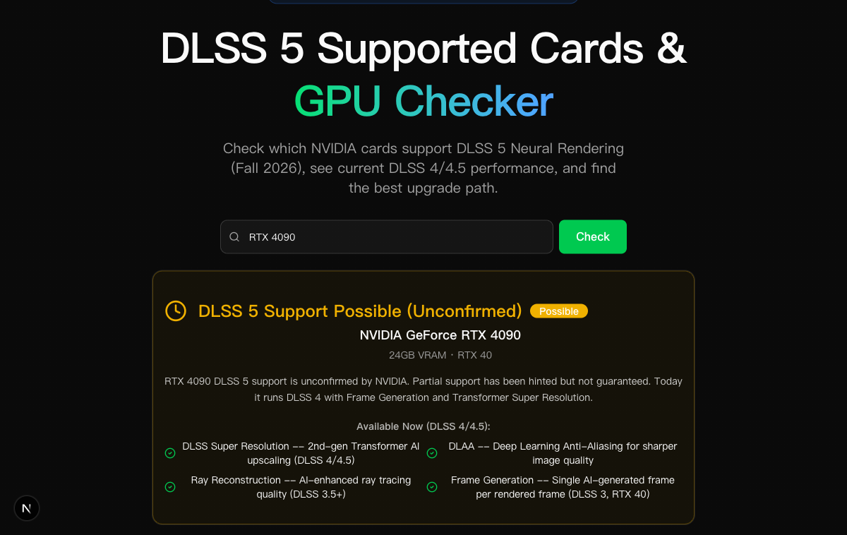 DLSS 5 GPU Compatibility Checker - Screenshot 2 showing product features and functionality