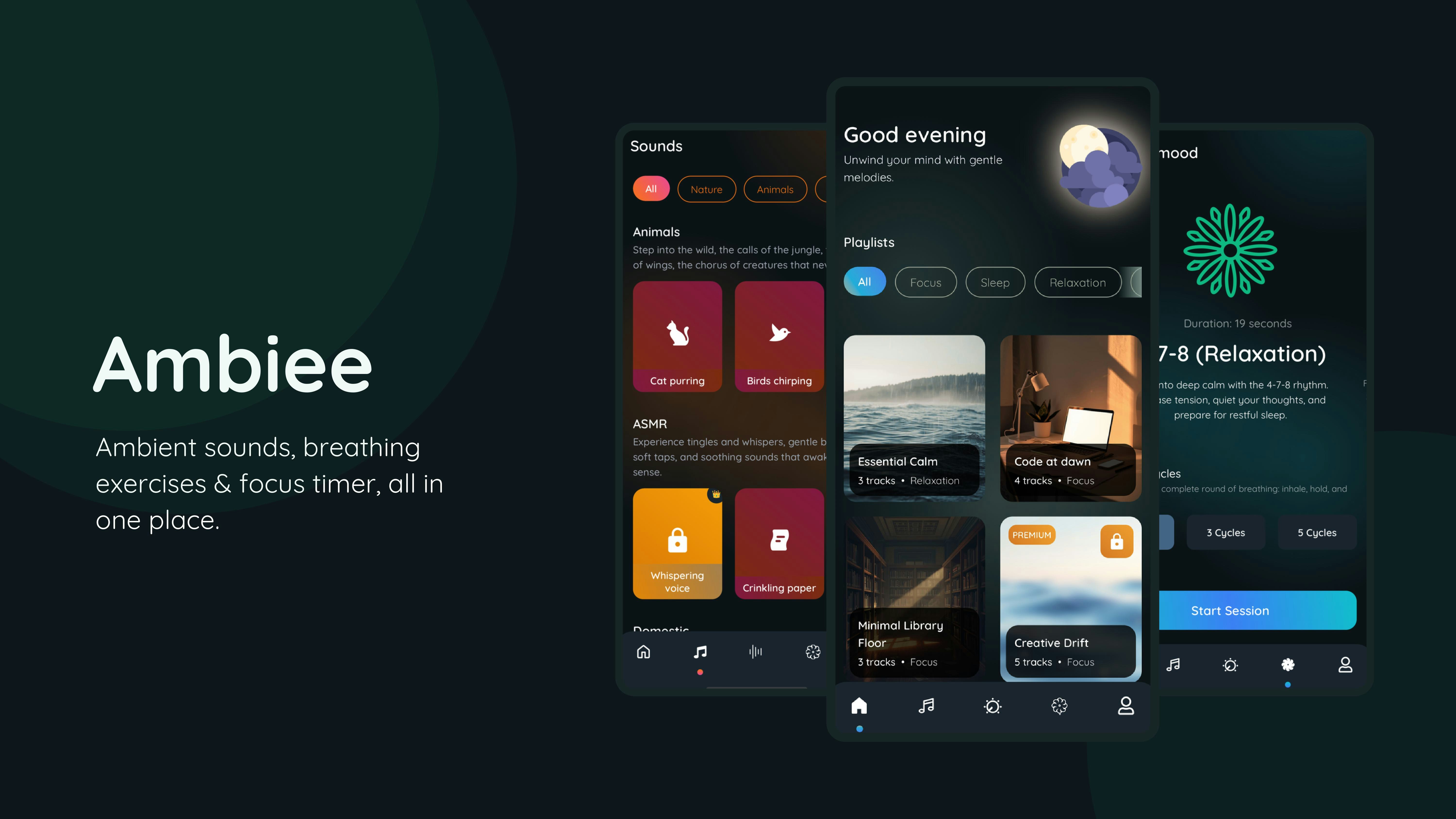 Ambiee: Sleep & Meditation - Main product screenshot demonstrating key features and user interface