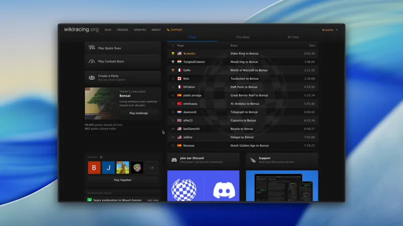 Wikiracing.org screenshot 2