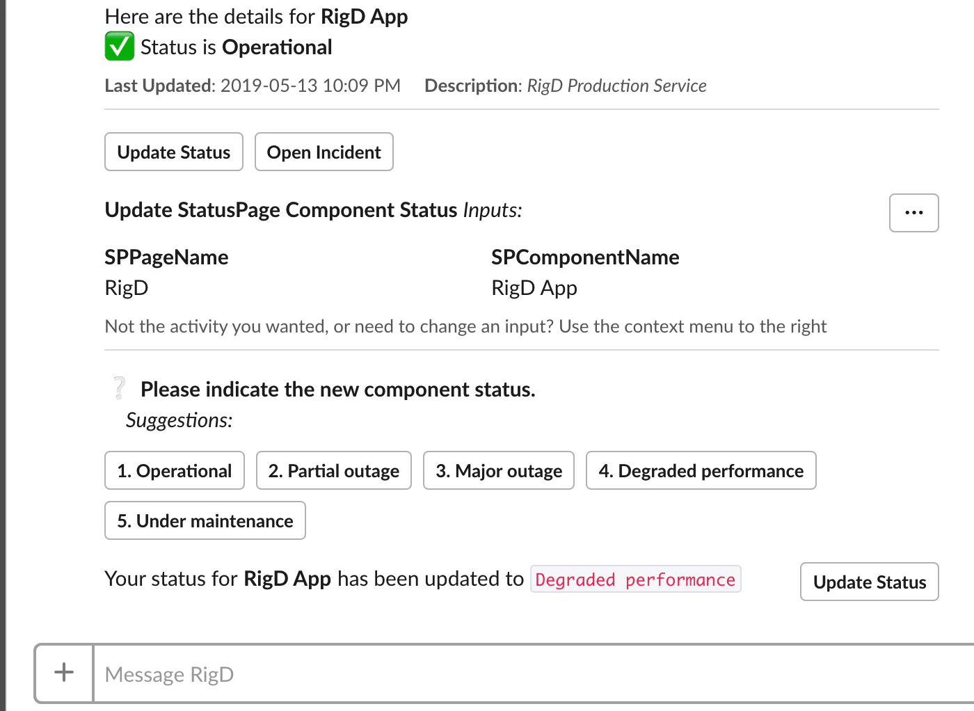 RigD Slack App for Atlassian Statuspage