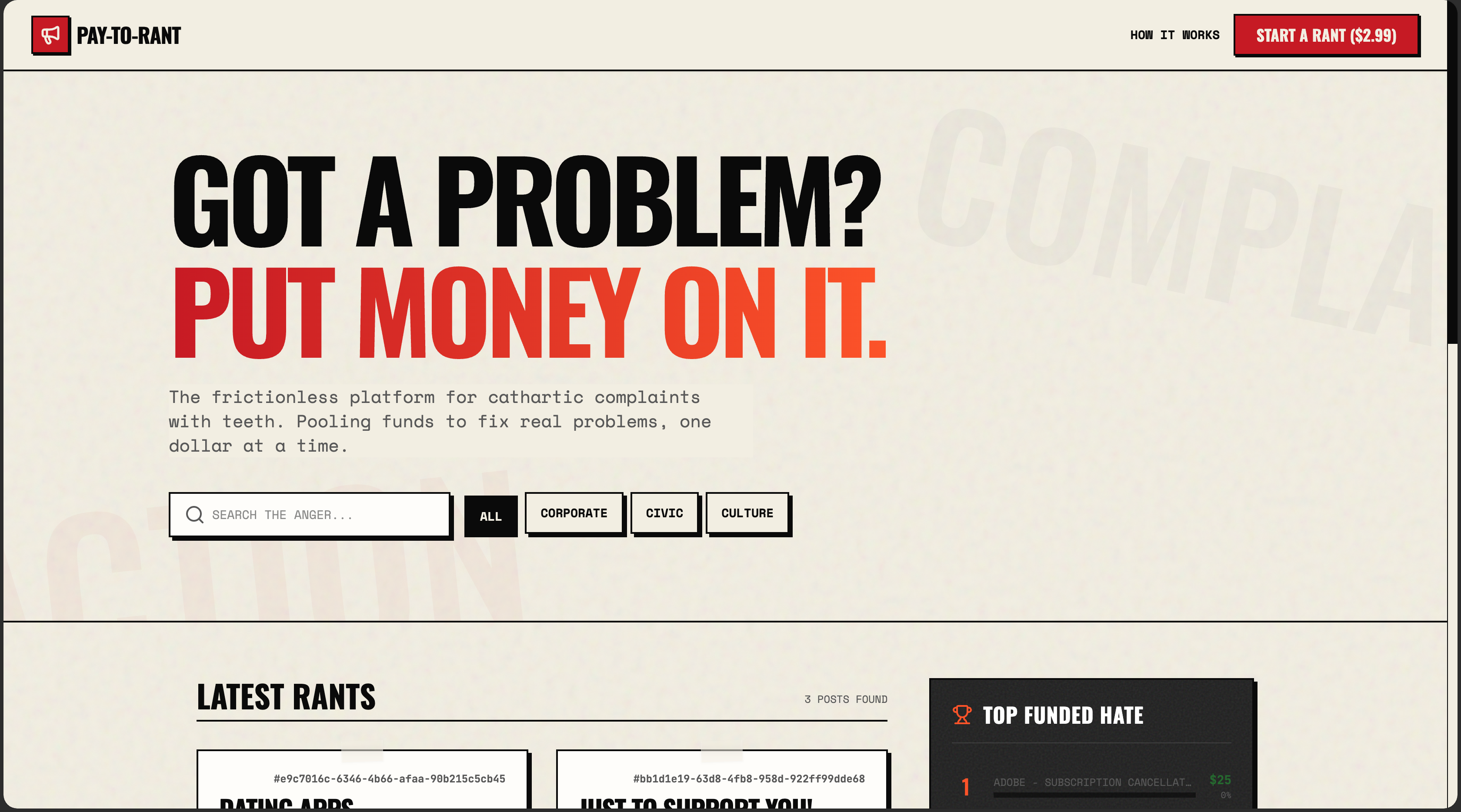 Pay to Rant - Main product screenshot demonstrating key features and user interface