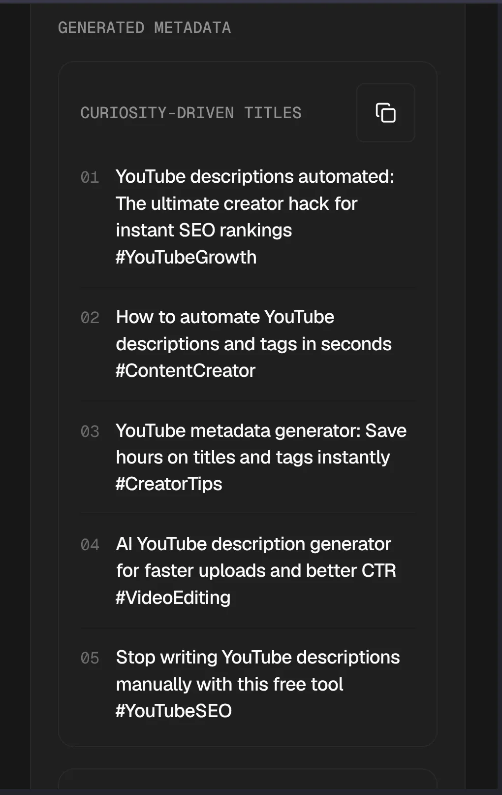 YouTube SEO metadata generator gallery image