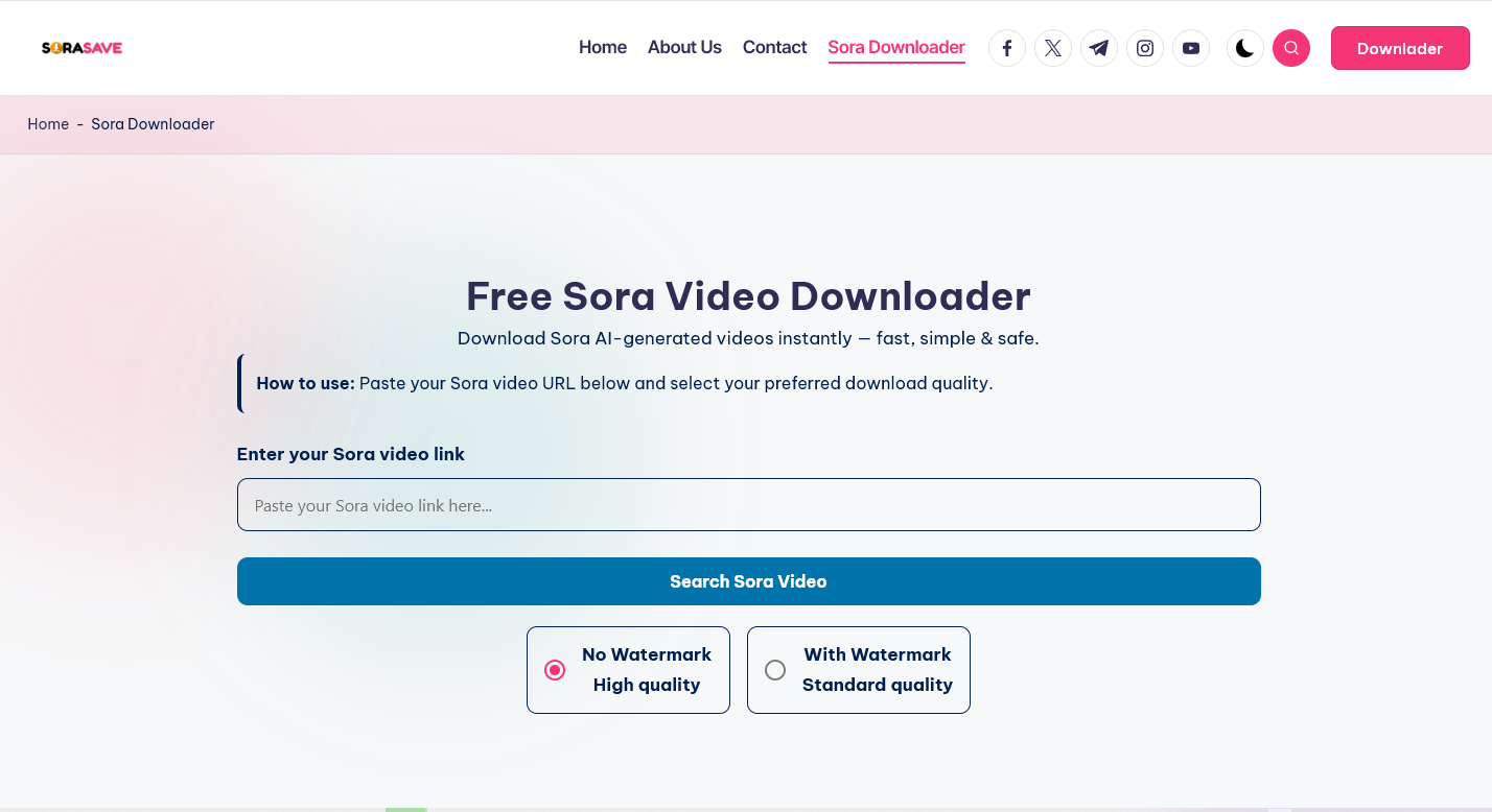 Sora Video Downloader - Main screenshot showing features and interface