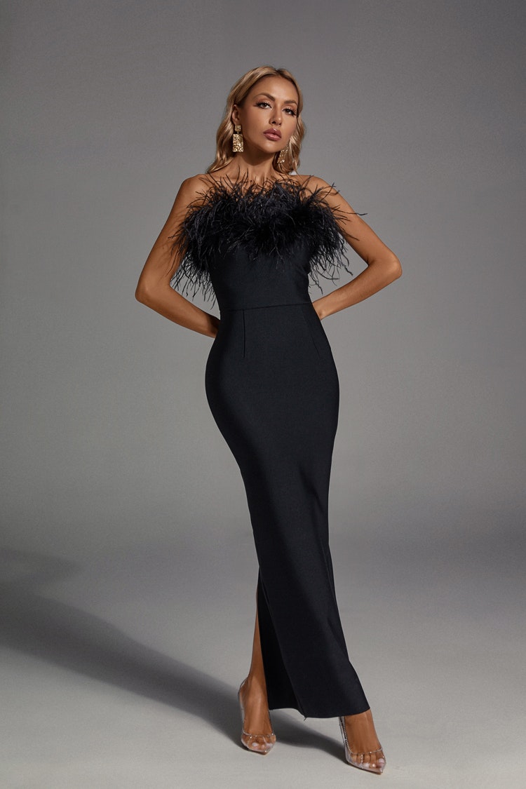 Naomi Black Feather Tassel Maxi Dress - ขนนกปาร์ตี้บิ๊กเดย์ media 3