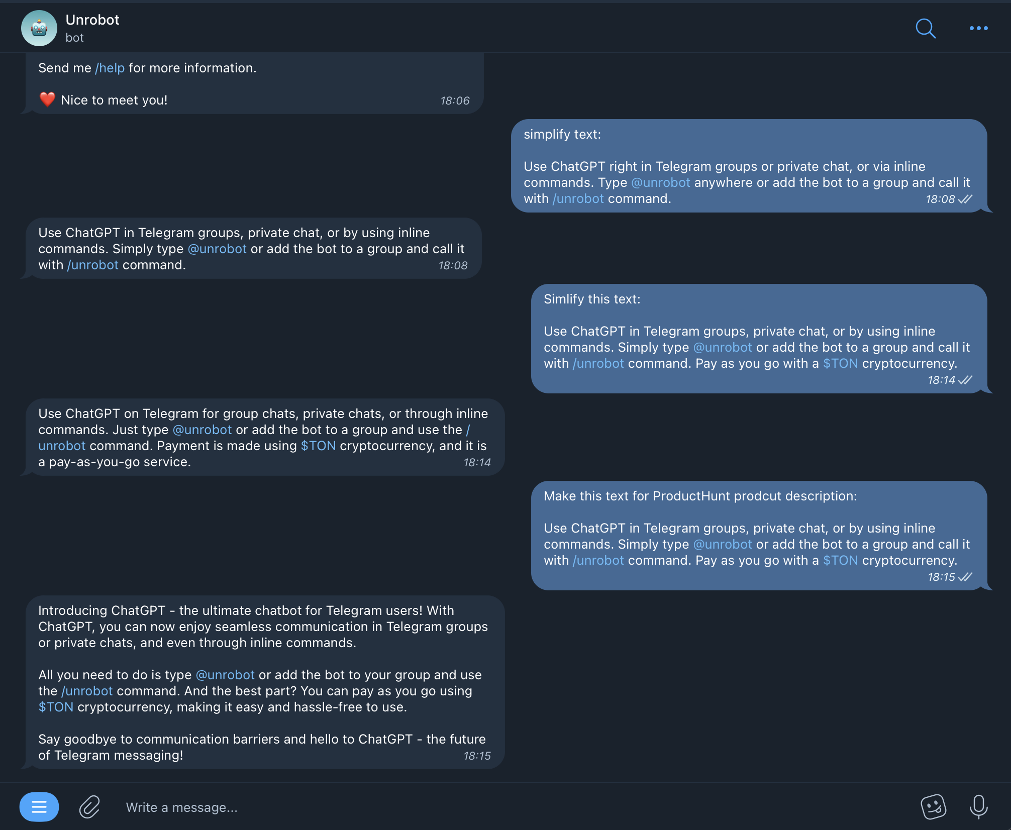 Media Unrobot - Chatgpt untuk kumpulan/ sembang telegram, bayar w/ $ tan 2