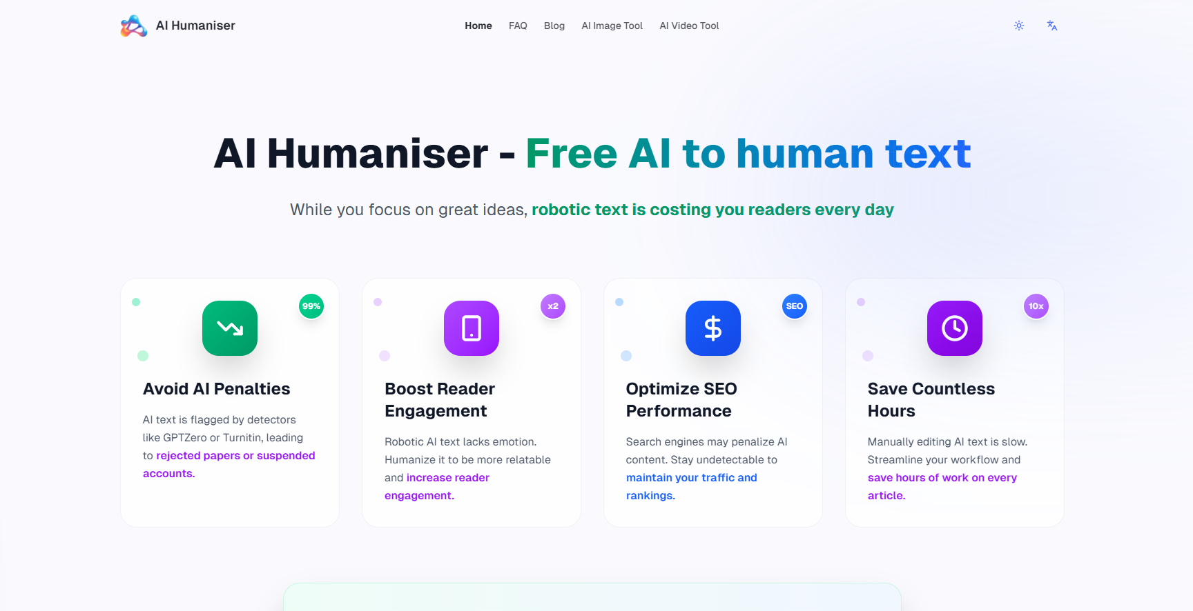 Free AI Humaniser - No Login required - Main screenshot showing features and interface
