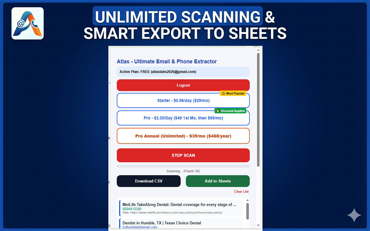 Atlas: Lead Scraper - Main product screenshot demonstrating key features and user interface