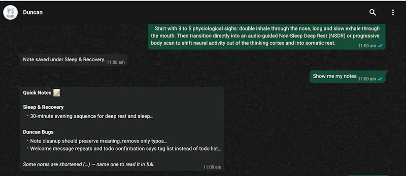 Duncan — your WhatsApp second brain.  screenshot 2