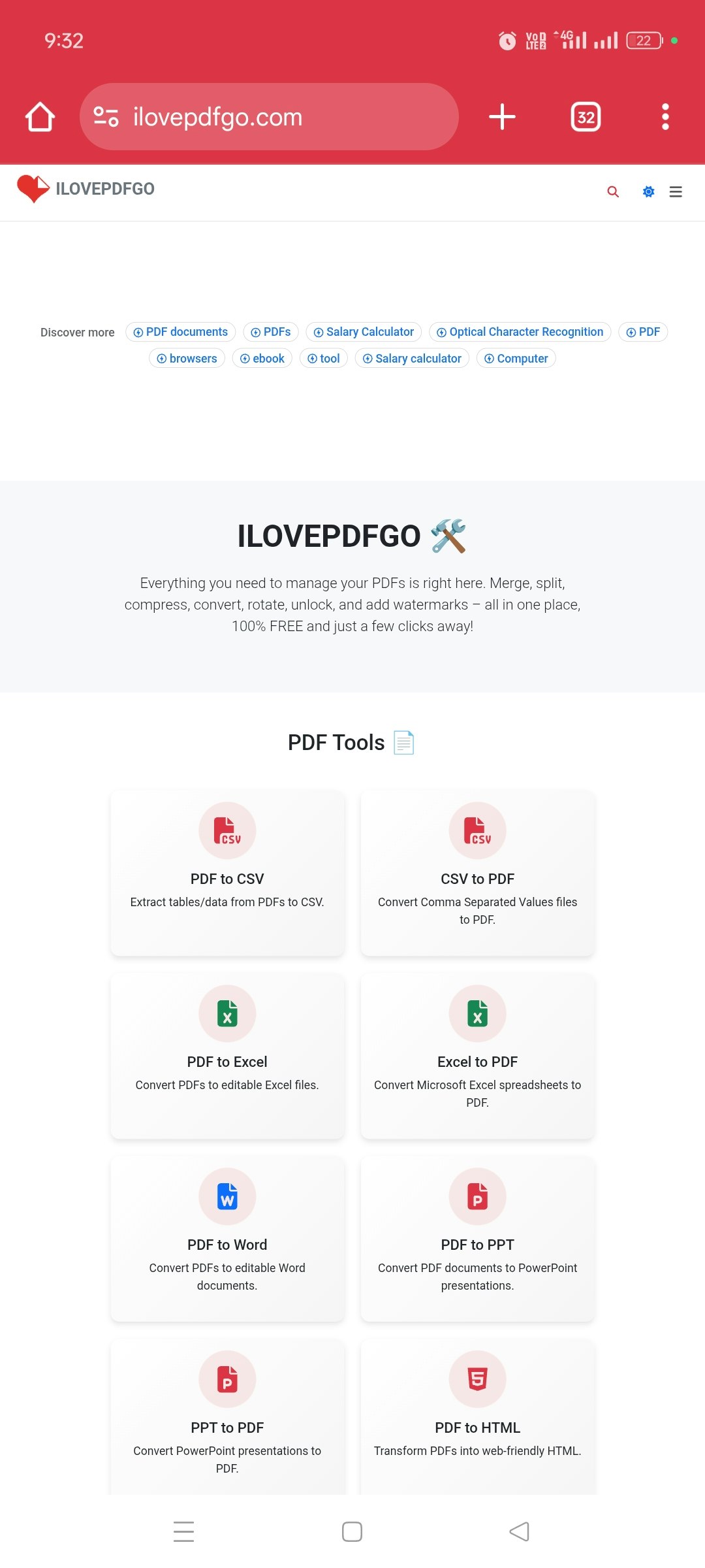 iLovePDFGo – Free PDF Converter Tools - Main screenshot showing features and interface