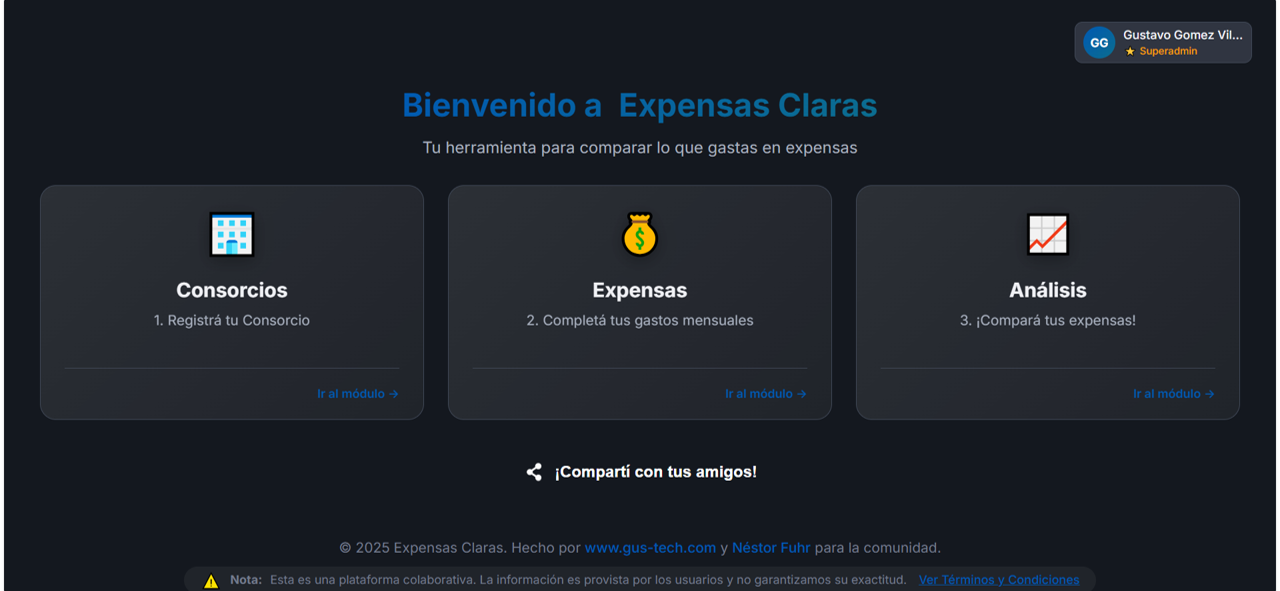 Expensas Claras - Main product screenshot demonstrating key features and user interface