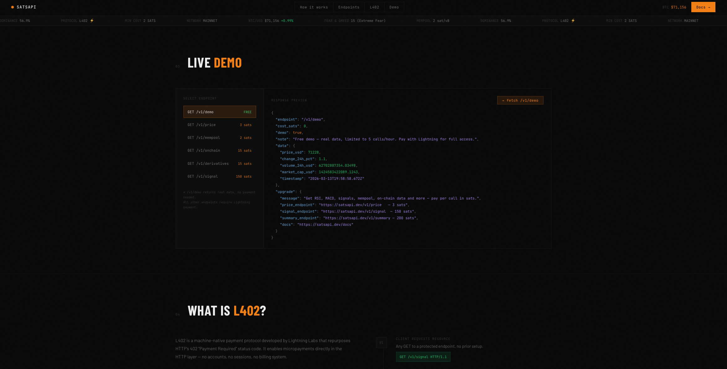 SatsAPI - Bitcoin intelligence API gallery image