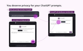 Captura de pantalla de la aplicación PrivacyGPT en Google Chrome, mostrando sus capacidades de redacción.