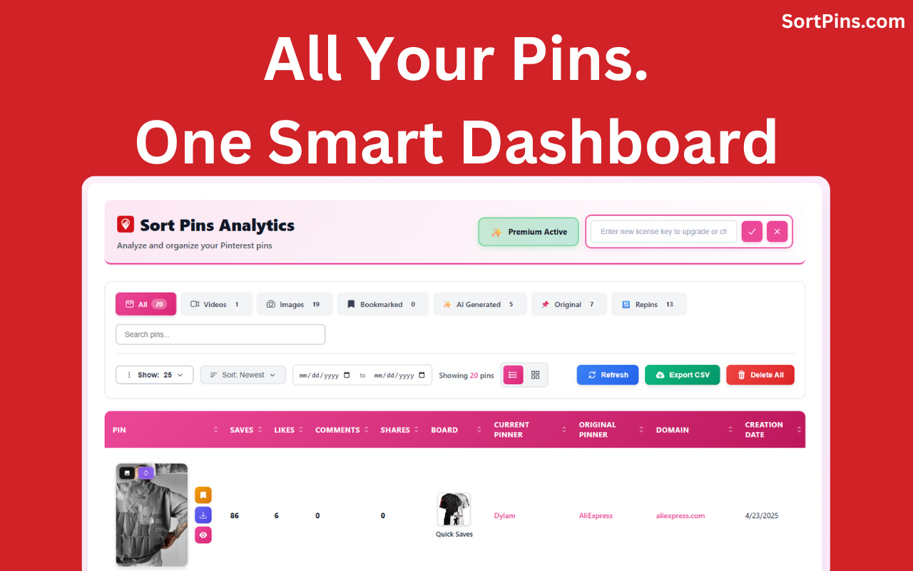 SortPins – Reveal Hidden Pinterest Stats - Main product screenshot demonstrating key features and user interface
