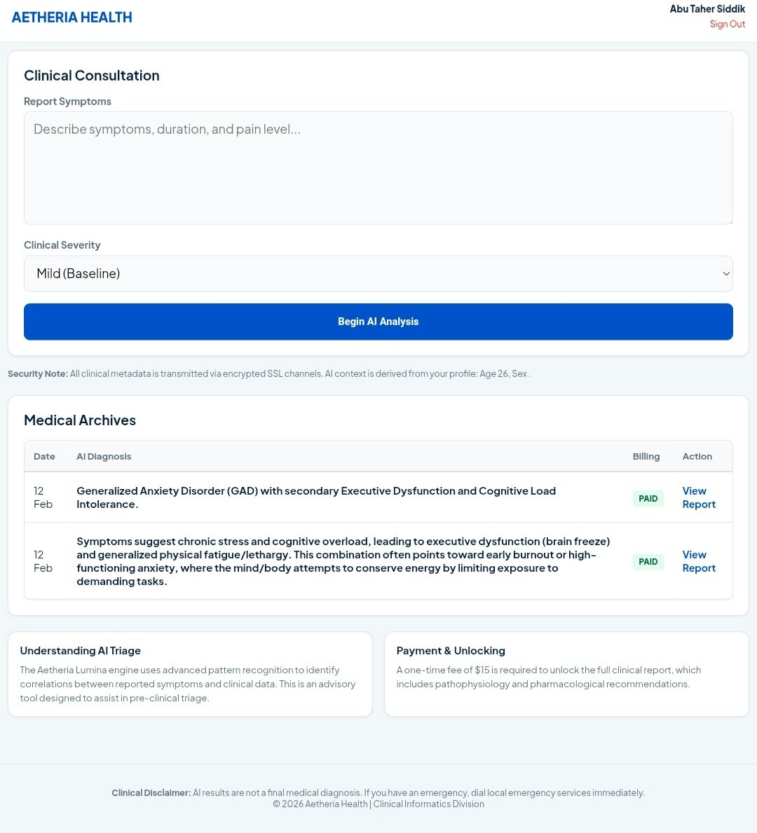 Aetheria Health - Main product screenshot demonstrating key features and user interface
