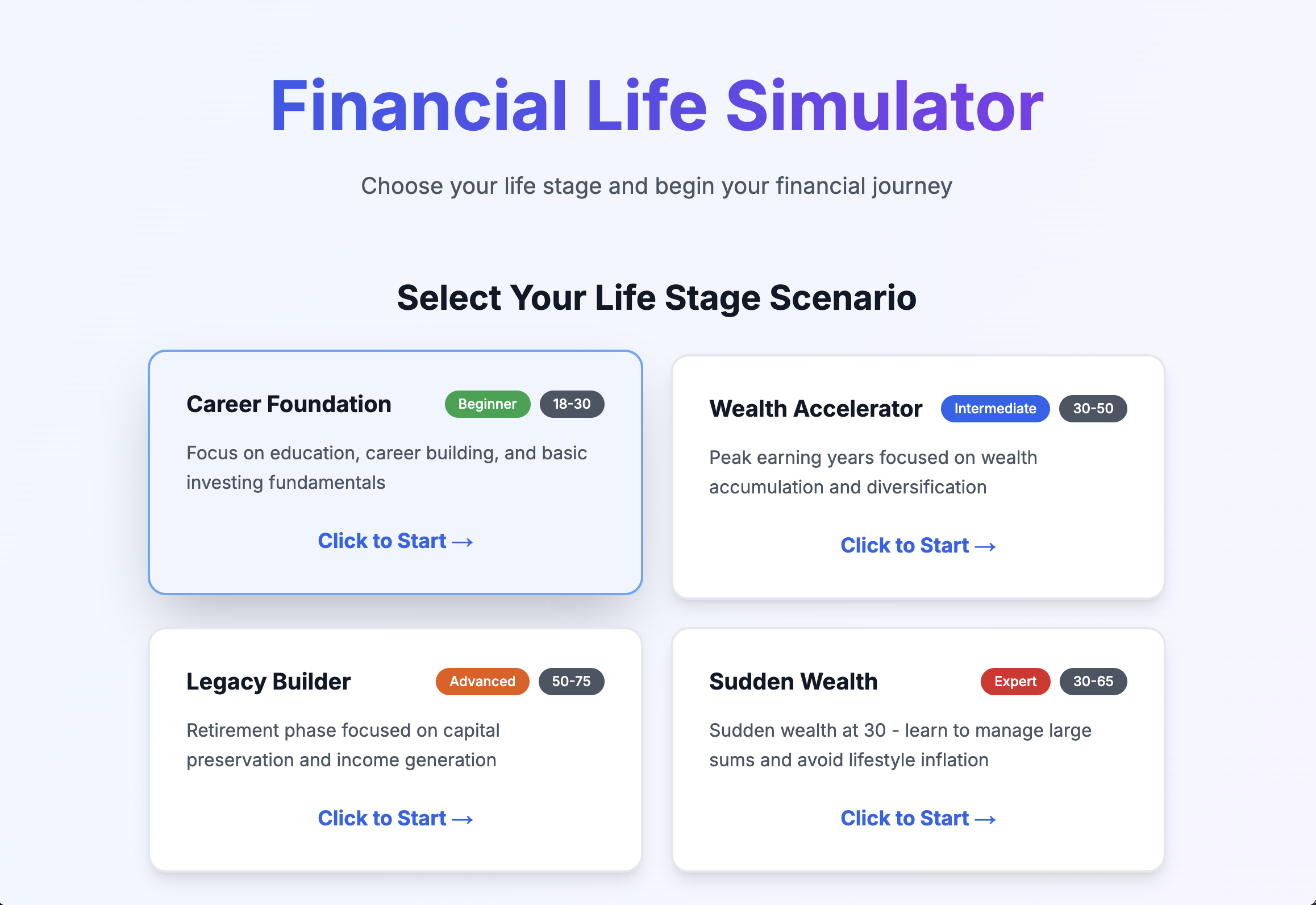 Financial Life Simulator - Main product screenshot demonstrating key features and user interface