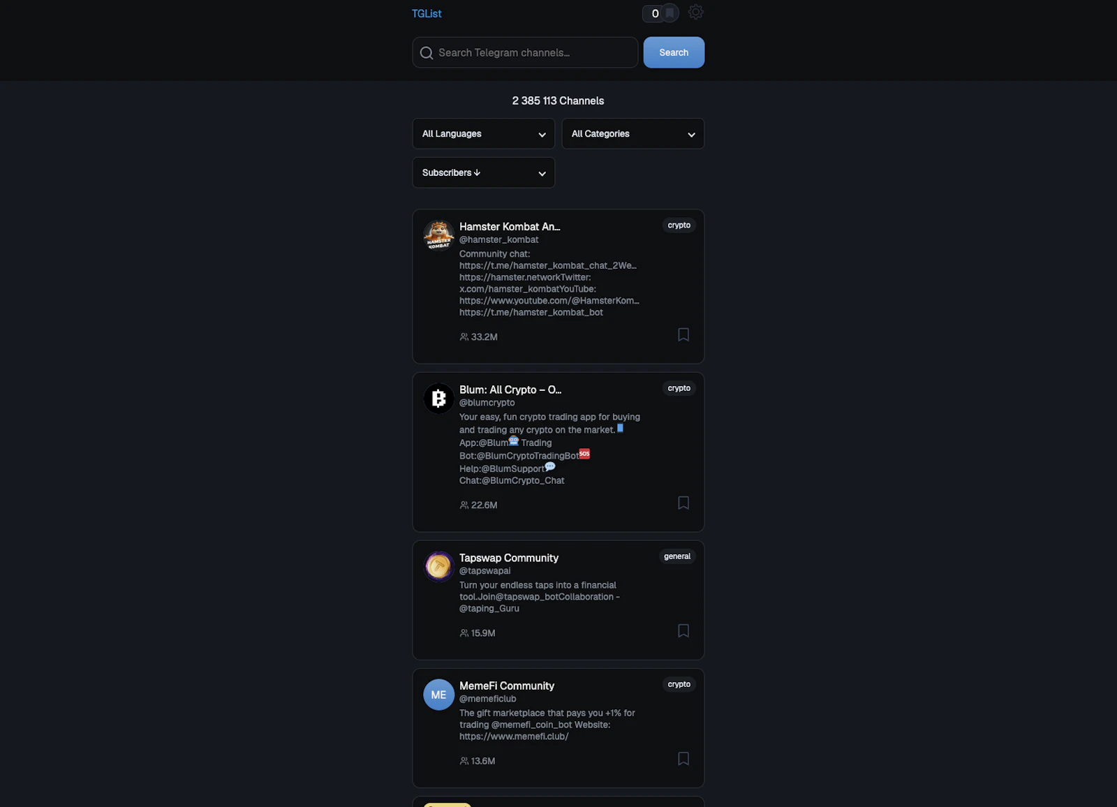 TGList - 2.3M+ Telegram Channels screenshot 1