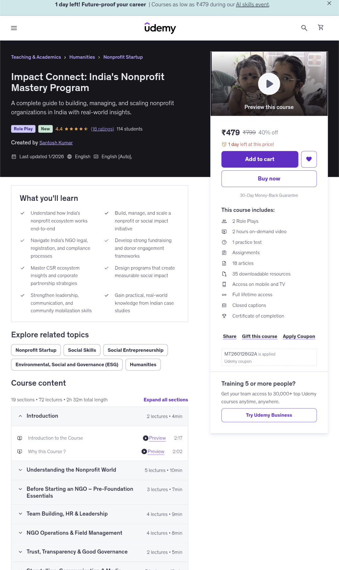India's Nonprofit Mastery Program  - Main product screenshot demonstrating key features and user interface