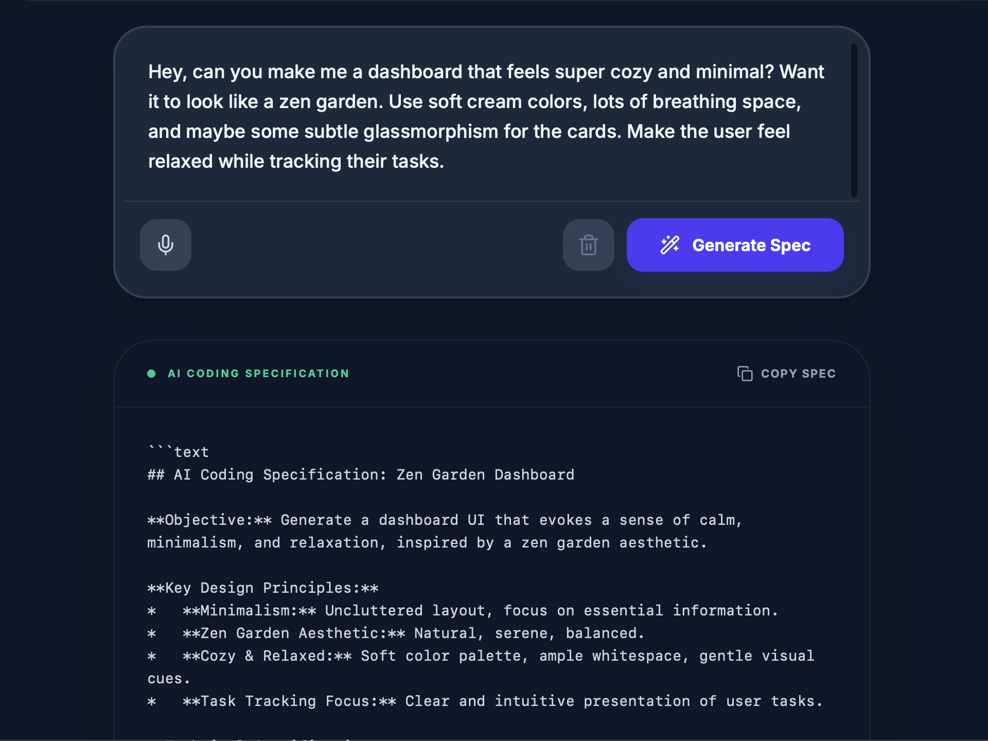 Vibe-to-Spec - Screenshot 2 showing product features and functionality