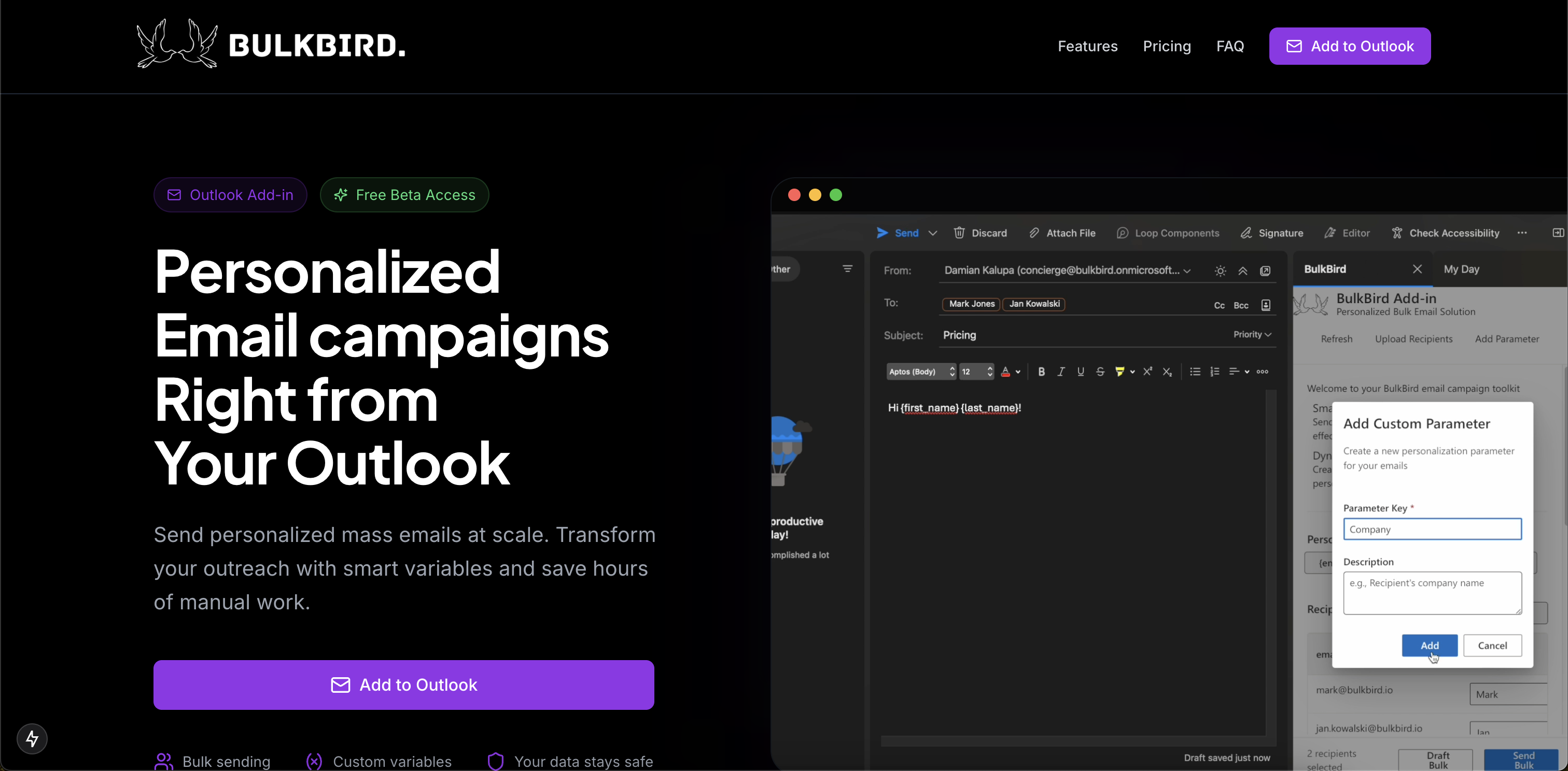 وسائط Bulkbird - Outlook الوظيفة الإضافية لحملات البريد الإلكتروني المخصصة 2