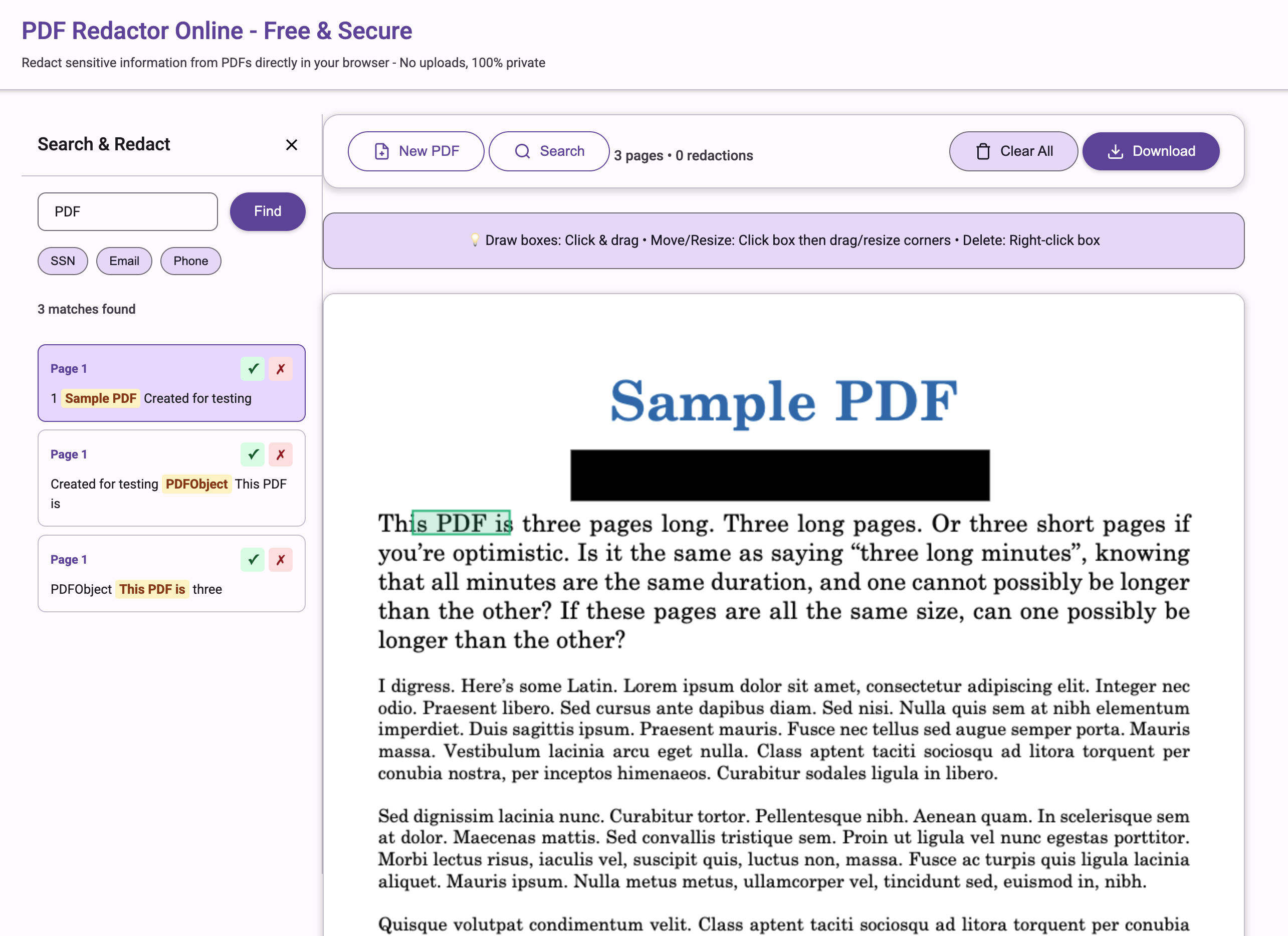 Client side secure PDF redactor gallery image