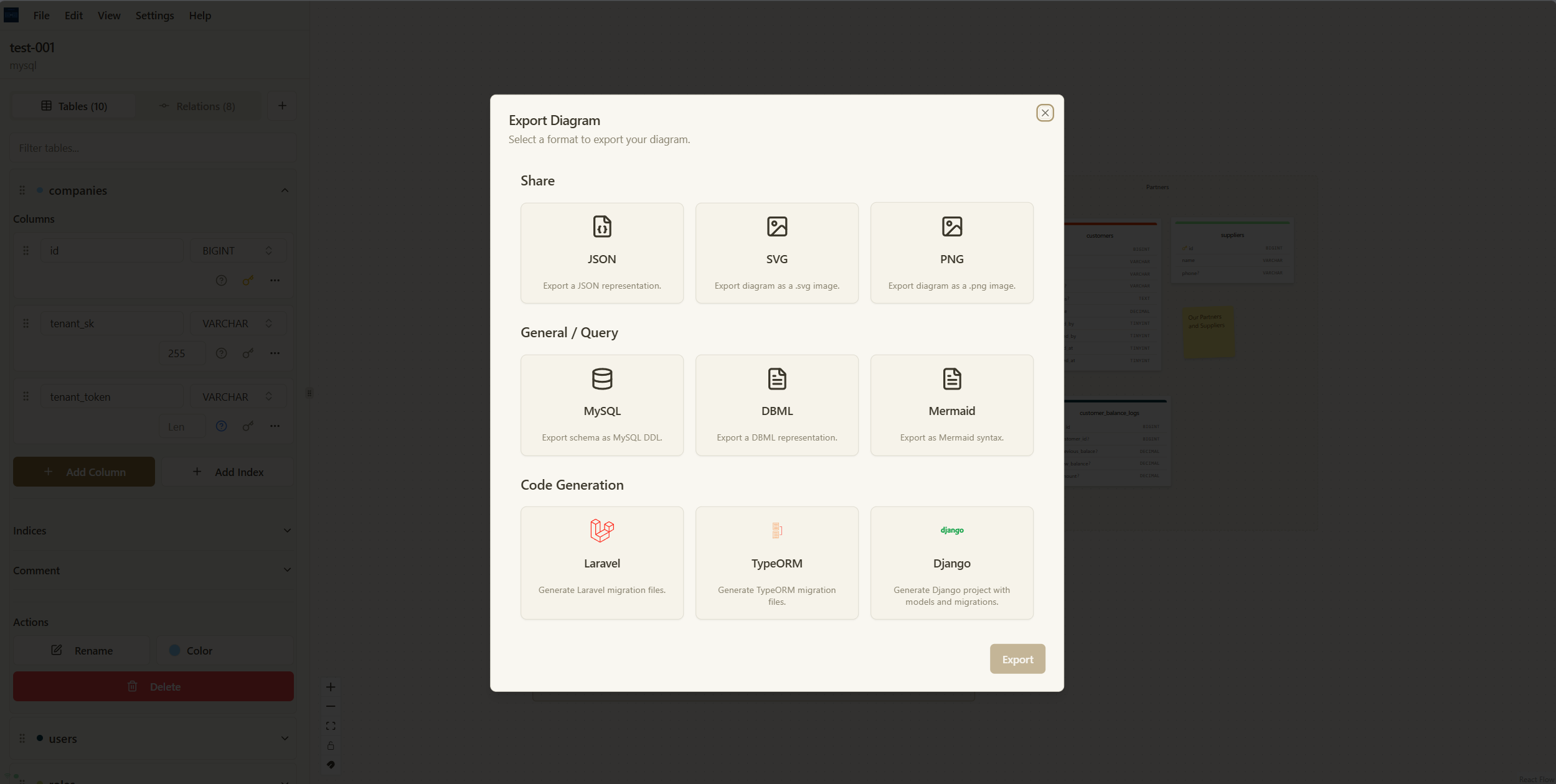 Média Thoth plan - Designer DB visuel gratuit avec édition de dragsters, exportation et migrations 3