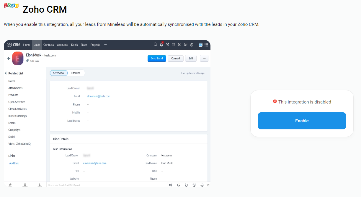 Zoho CRM Интеграция - Автоматизируйте свои лиды MineLead с помощью Zoho CRM медиа 3