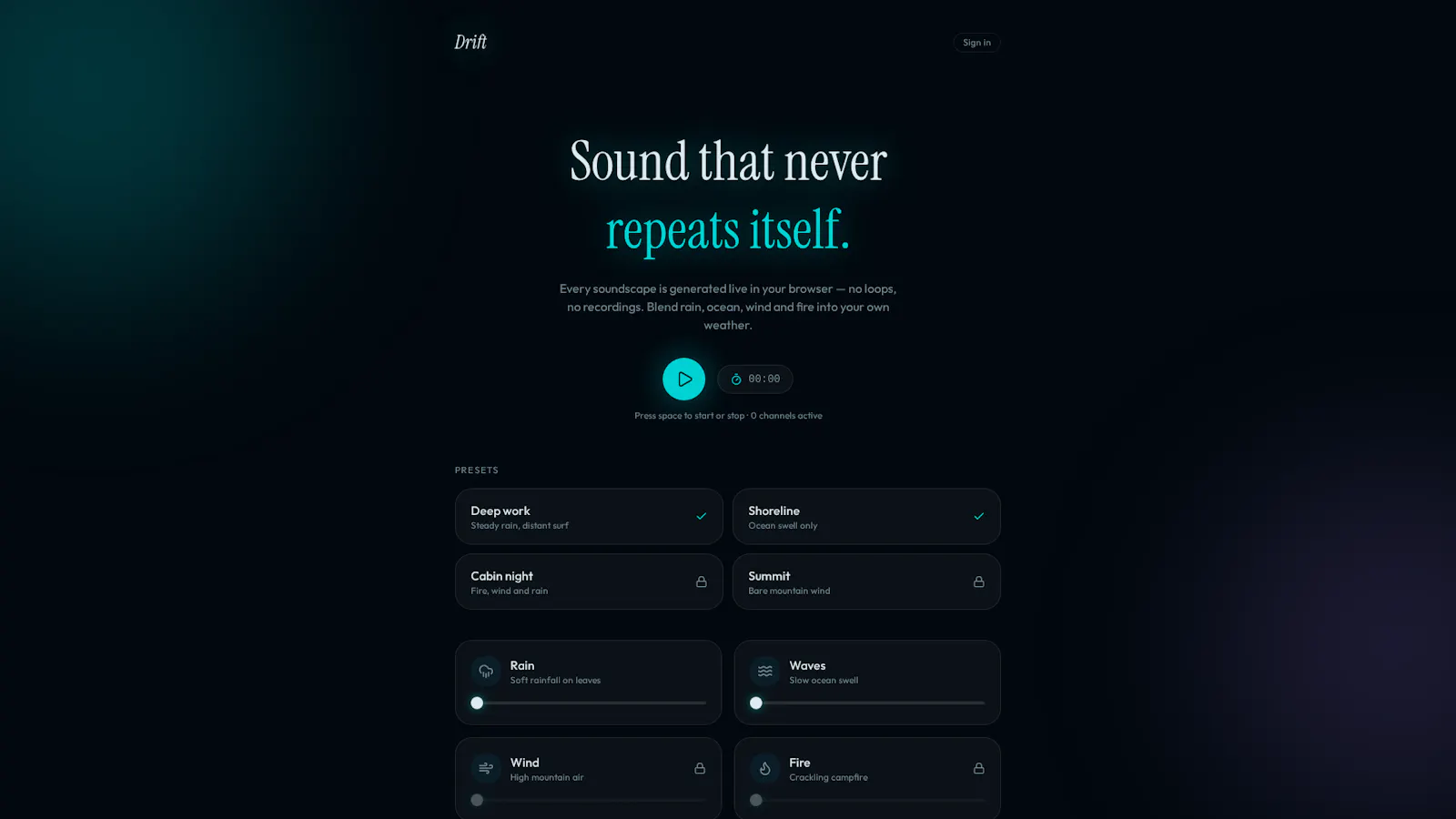 Drift — Ambient soundscapes for focus screenshot 1