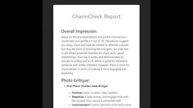Charm Check-Logo: Ein stilisiertes Logo, bestehend aus den Wörtern &ldquo;Charm Check&rdquo; mit einem Sternsymbol in der Mitte, das den innovativen und personalisierten Service zur Verbesserung von Dating-Profilen repräsentiert.