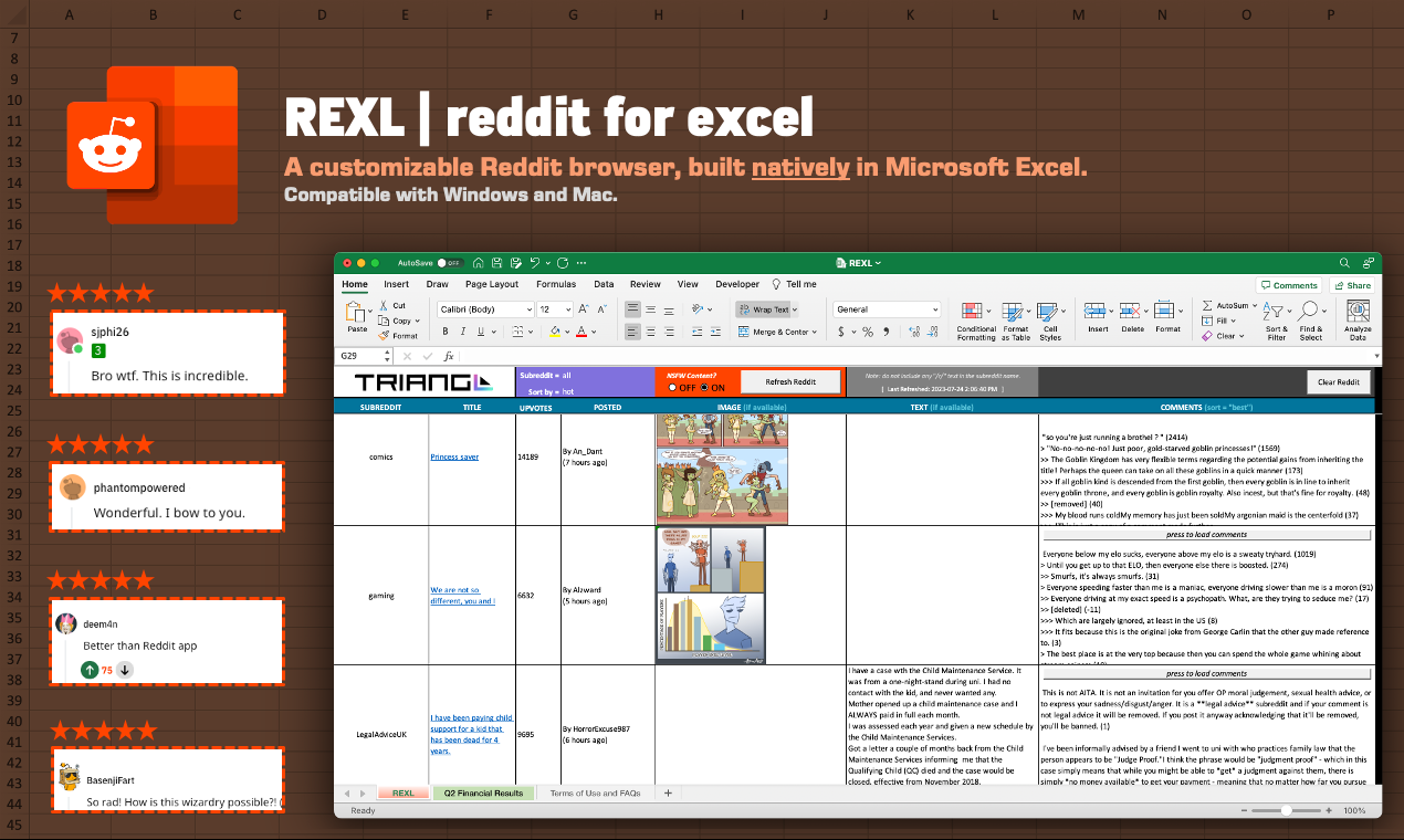 startuptile REXL | Reddit for Excel-A Reddit browser built natively in Microsoft Excel