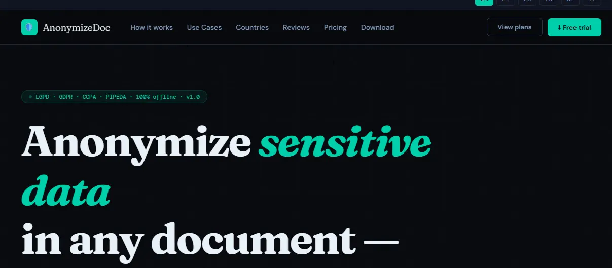 AnonymizeDoc — Global PDF Anonymization のプロダクトバナー