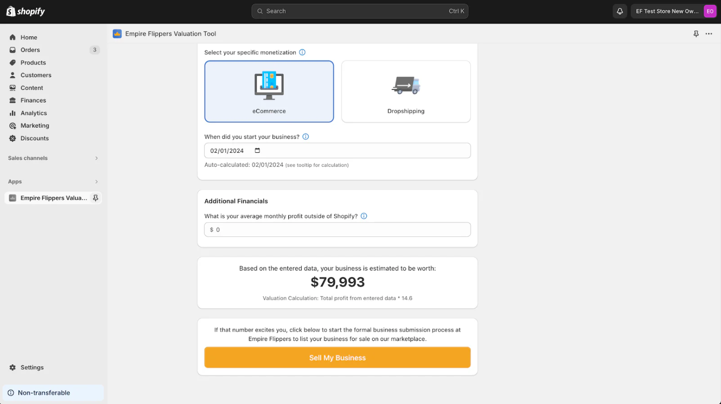 Média Empire Flippers Shopify Valuation App 5