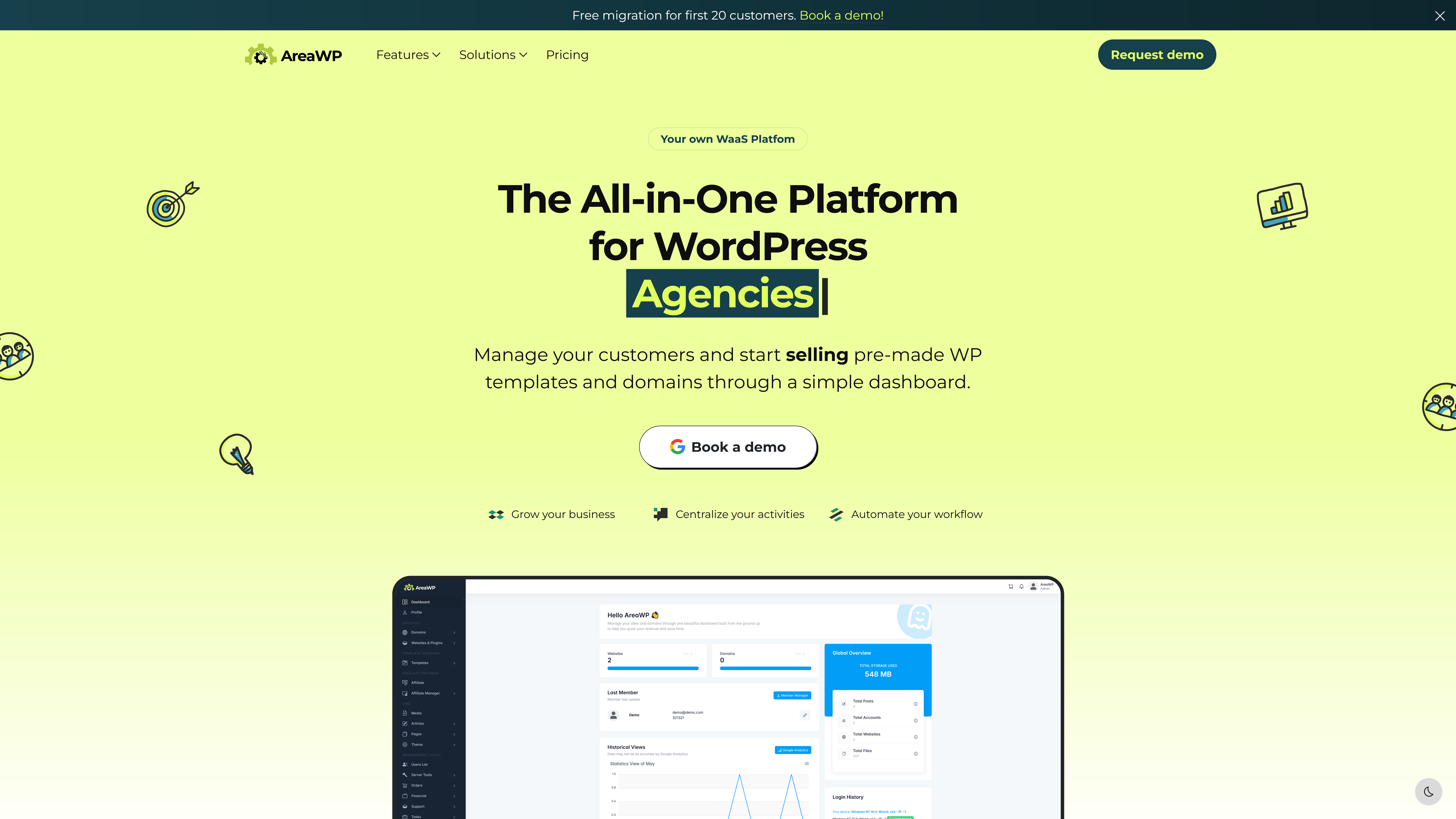 AreaWP - WordPress için WAAS Platformu - Müşterileri yönetin ve WP şablonları ve alan adlarını satmaya başlayın. medya 2