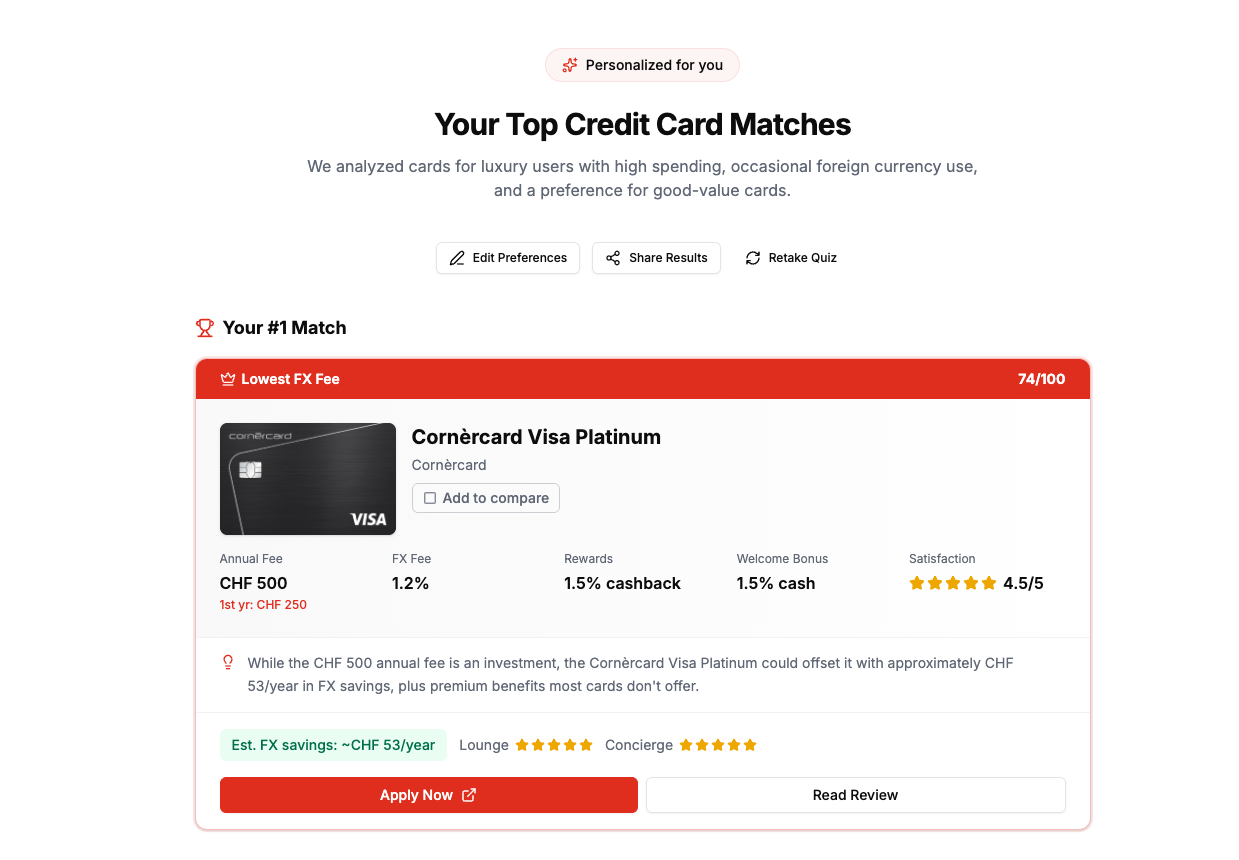 Swiss Credit Card Match - Screenshot 5 showing product features and functionality