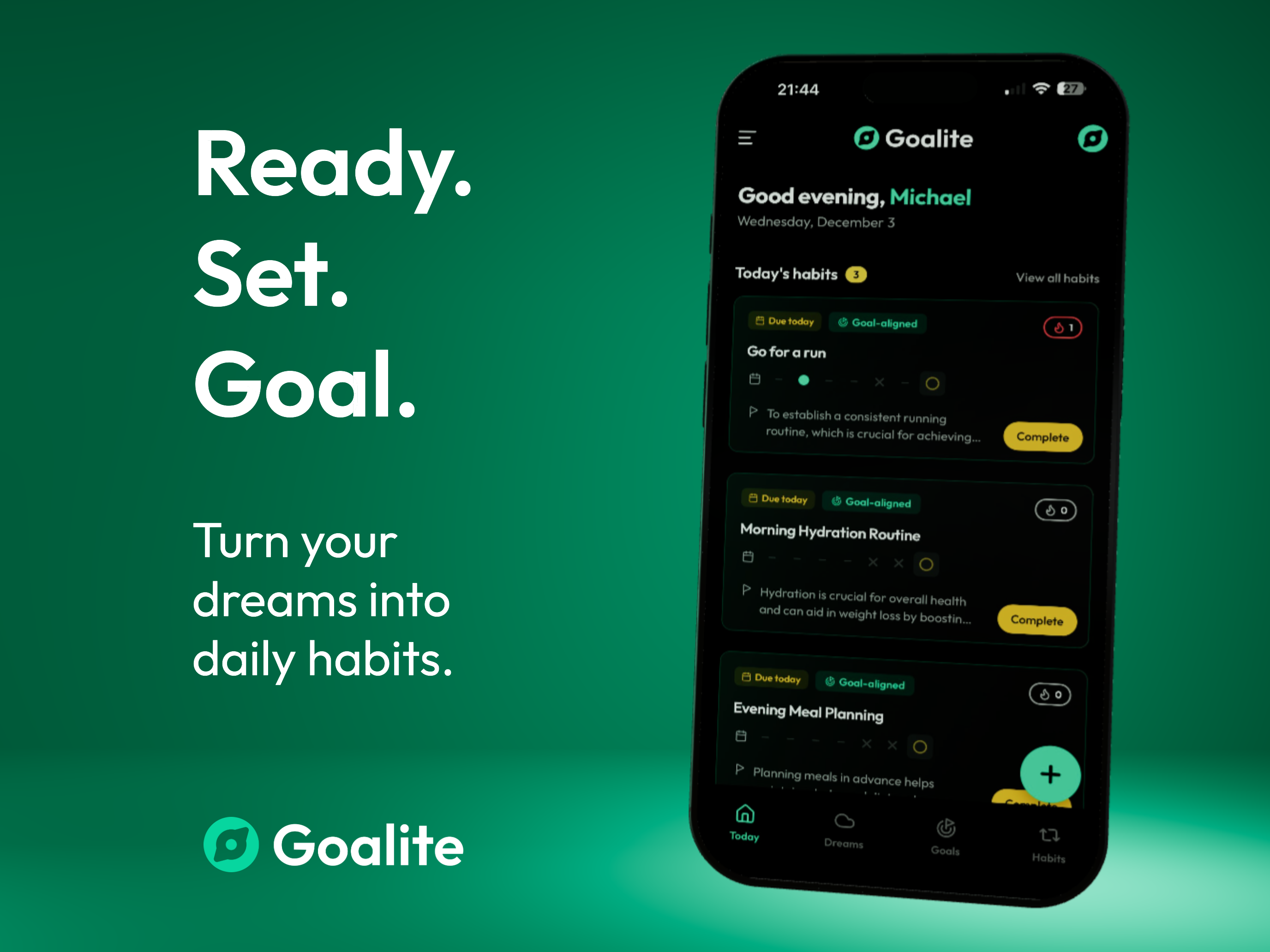 Goalite: Turn "one day" into Day One - Main product screenshot demonstrating key features and user interface